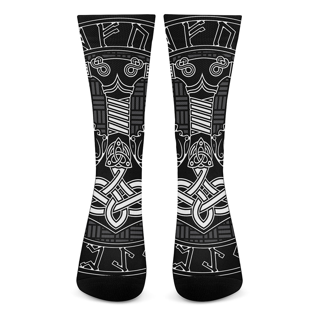 Mjolnir And Scandinavian Runes Print Crew Socks