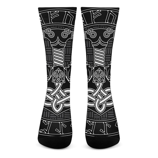Mjolnir And Scandinavian Runes Print Crew Socks