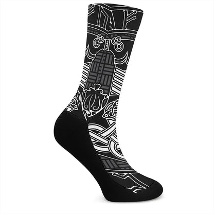 Mjolnir And Scandinavian Runes Print Crew Socks