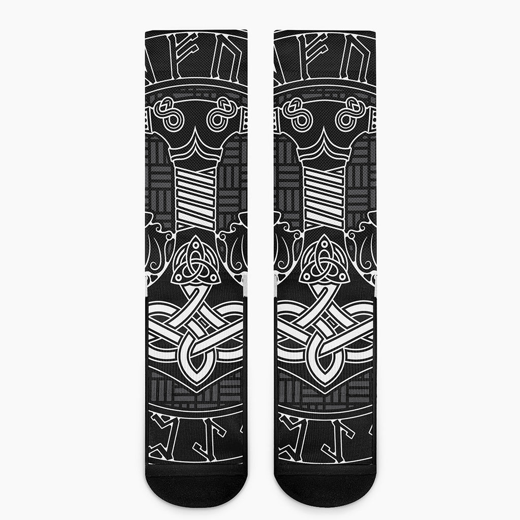 Mjolnir And Scandinavian Runes Print Crew Socks