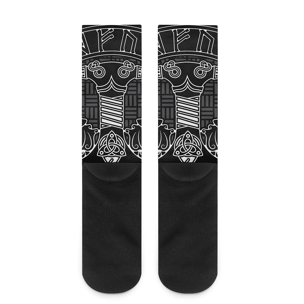 Mjolnir And Scandinavian Runes Print Crew Socks
