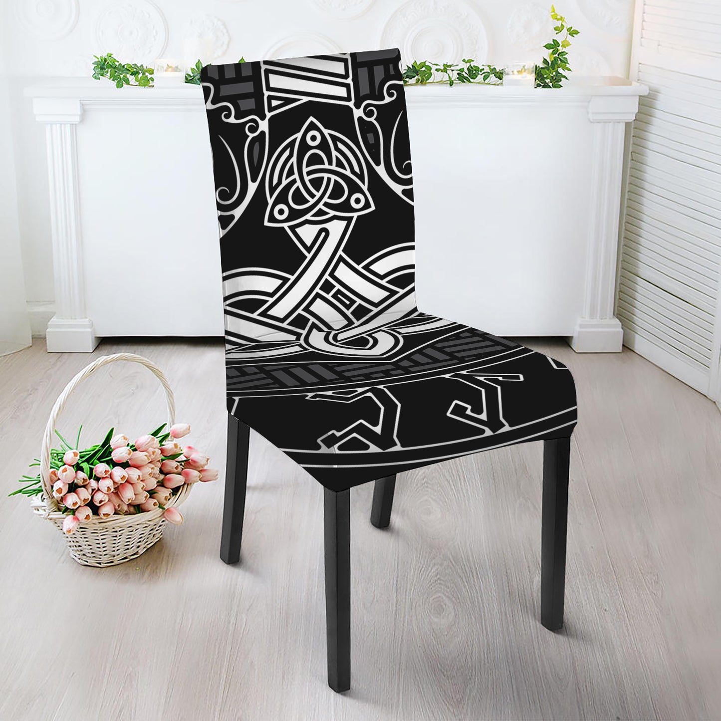 Mjolnir And Scandinavian Runes Print Dining Chair Slipcover