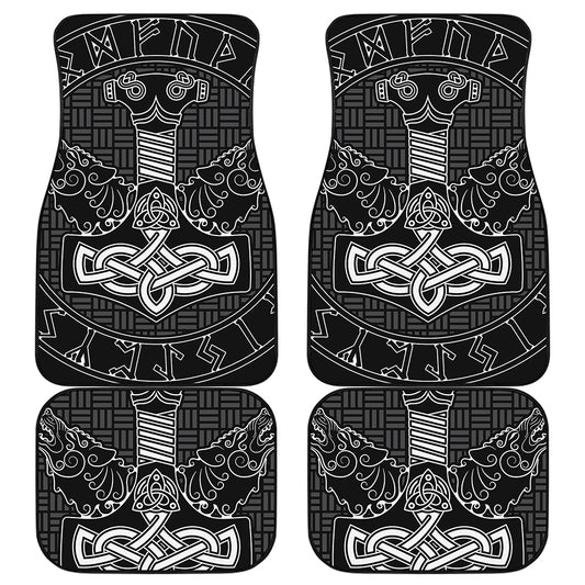 Mjolnir And Scandinavian Runes Print Front and Back Car Floor Mats