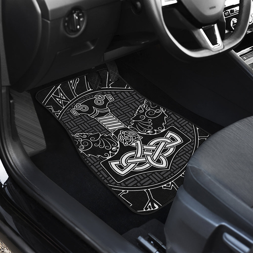 Mjolnir And Scandinavian Runes Print Front and Back Car Floor Mats