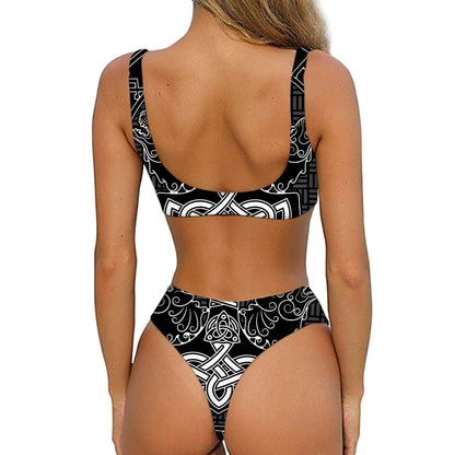 Mjolnir And Scandinavian Runes Print Front Bow Tie Bikini