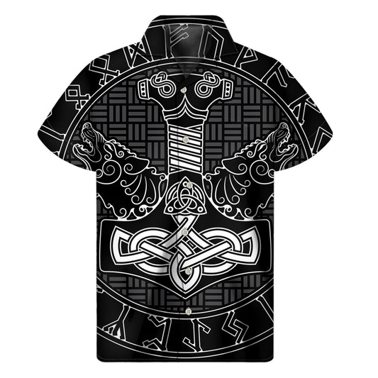Mjolnir And Scandinavian Runes Print Men's Short Sleeve Shirt