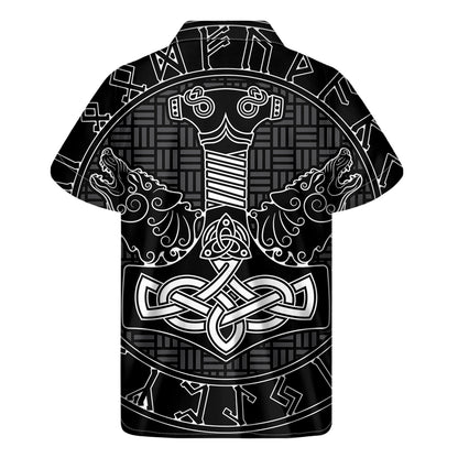 Mjolnir And Scandinavian Runes Print Men's Short Sleeve Shirt