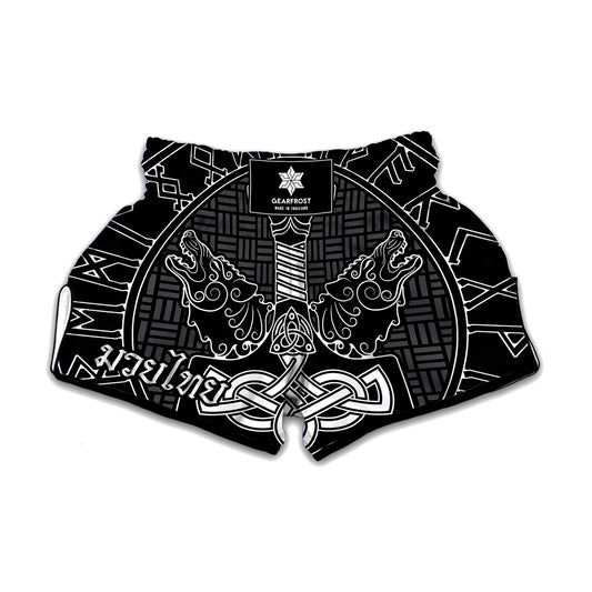 Mjolnir And Scandinavian Runes Print Muay Thai Boxing Shorts