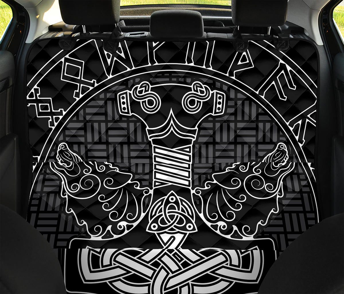 Mjolnir And Scandinavian Runes Print Pet Car Back Seat Cover