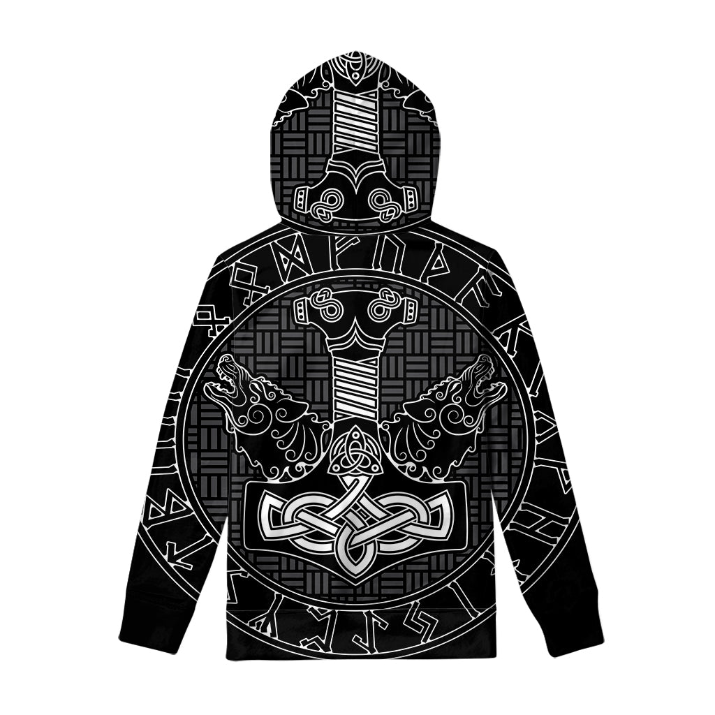 Mjolnir And Scandinavian Runes Print Pullover Hoodie