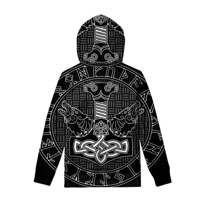 Mjolnir And Scandinavian Runes Print Pullover Hoodie