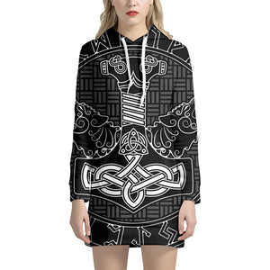 Mjolnir And Scandinavian Runes Print Pullover Hoodie Dress