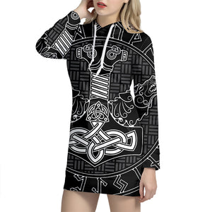 Mjolnir And Scandinavian Runes Print Pullover Hoodie Dress