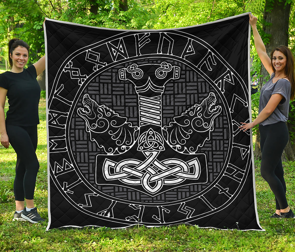 Mjolnir And Scandinavian Runes Print Quilt