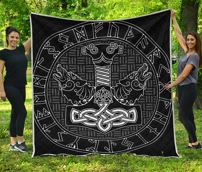 Mjolnir And Scandinavian Runes Print Quilt