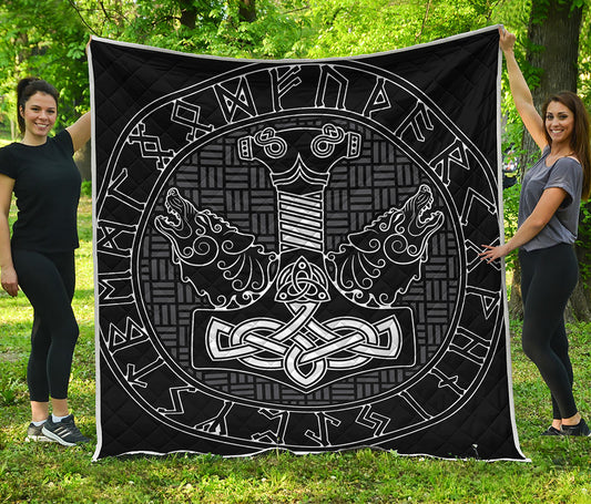 Mjolnir And Scandinavian Runes Print Quilt
