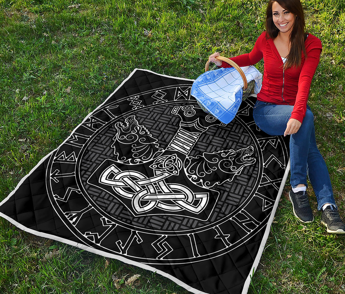 Mjolnir And Scandinavian Runes Print Quilt