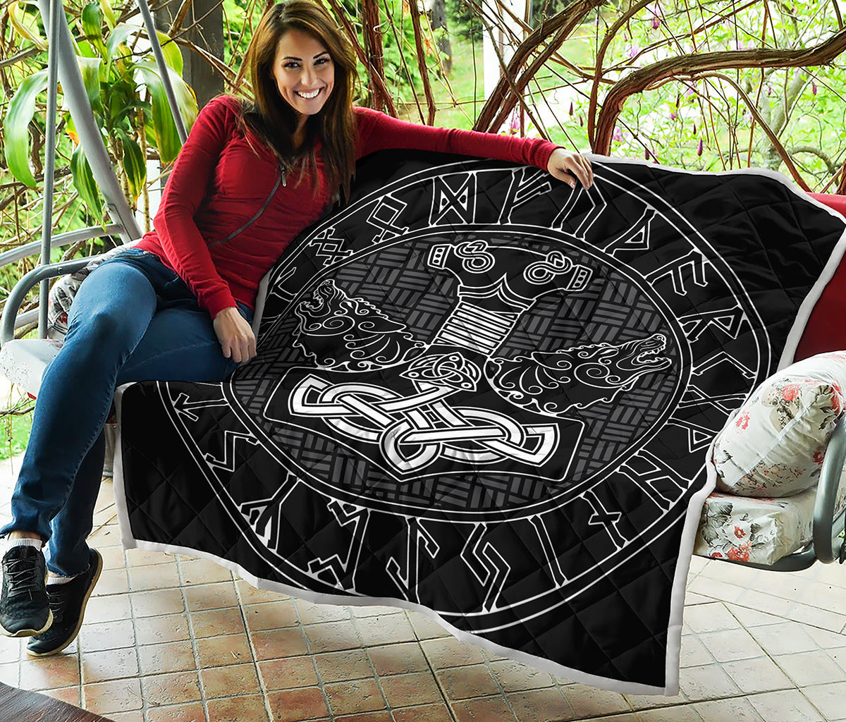 Mjolnir And Scandinavian Runes Print Quilt