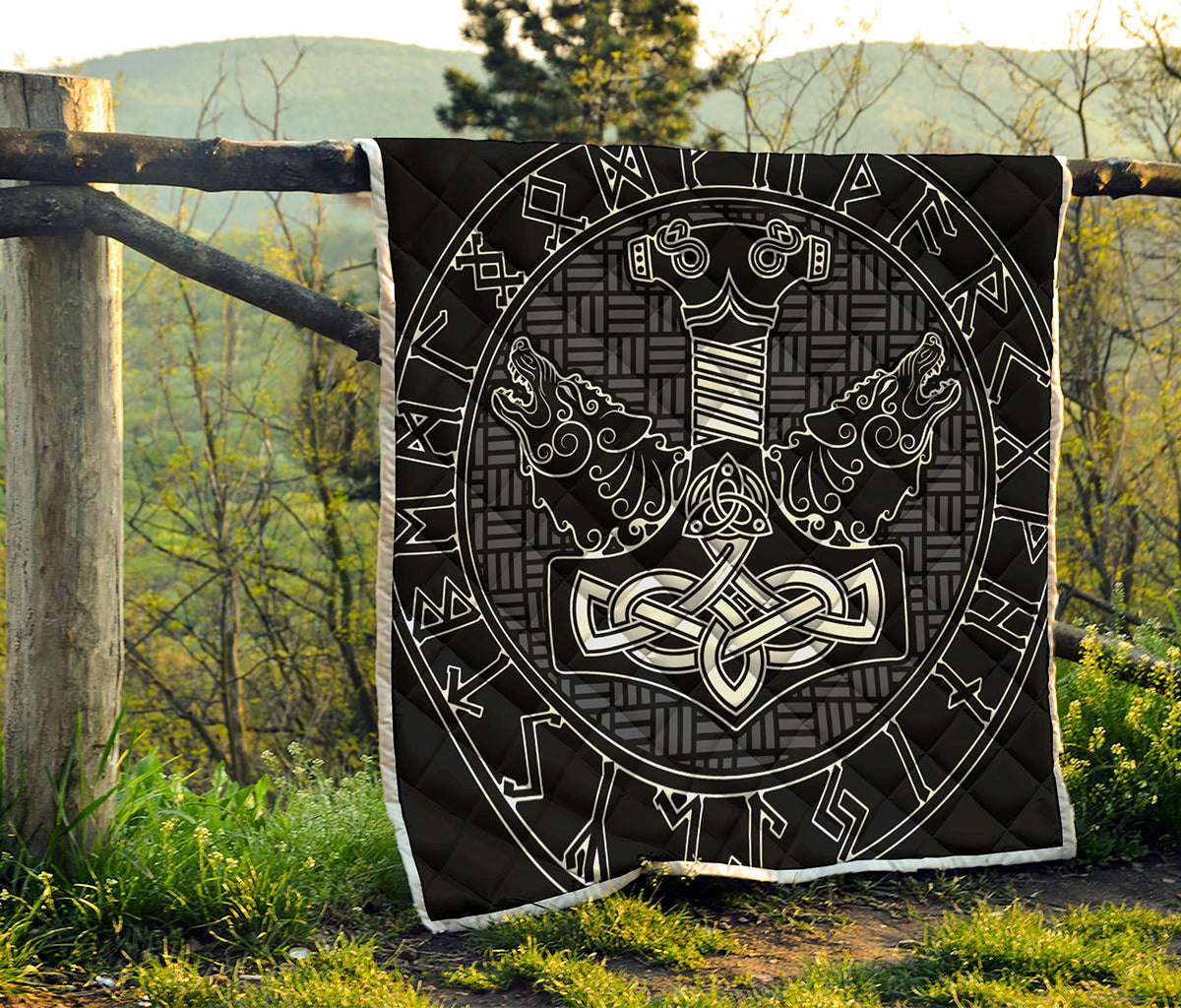Mjolnir And Scandinavian Runes Print Quilt
