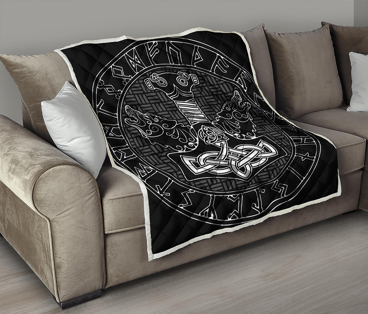 Mjolnir And Scandinavian Runes Print Quilt