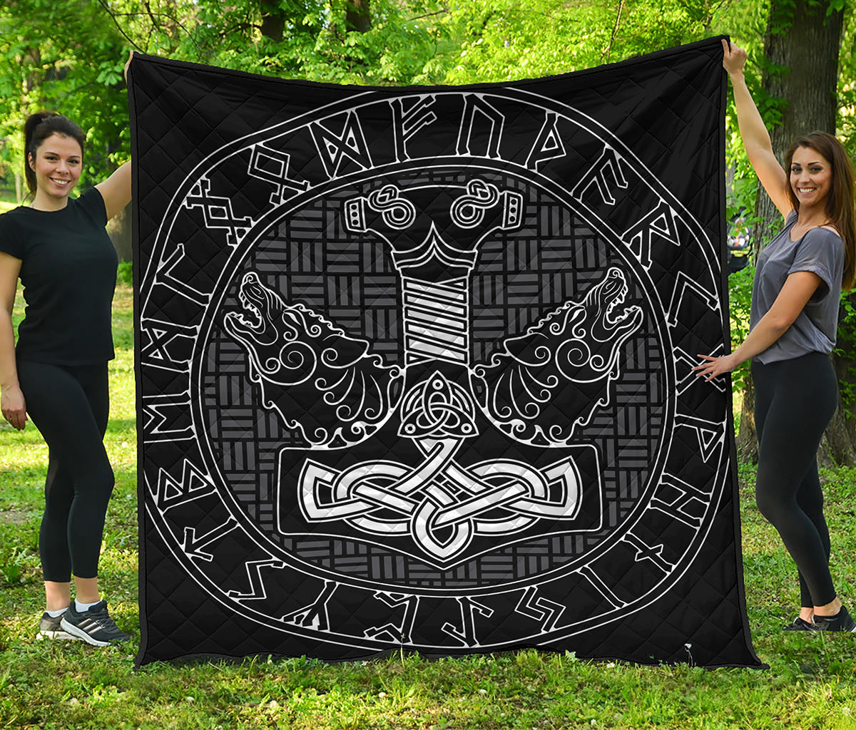 Mjolnir And Scandinavian Runes Print Quilt
