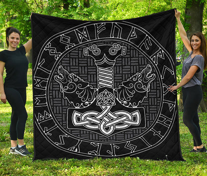 Mjolnir And Scandinavian Runes Print Quilt