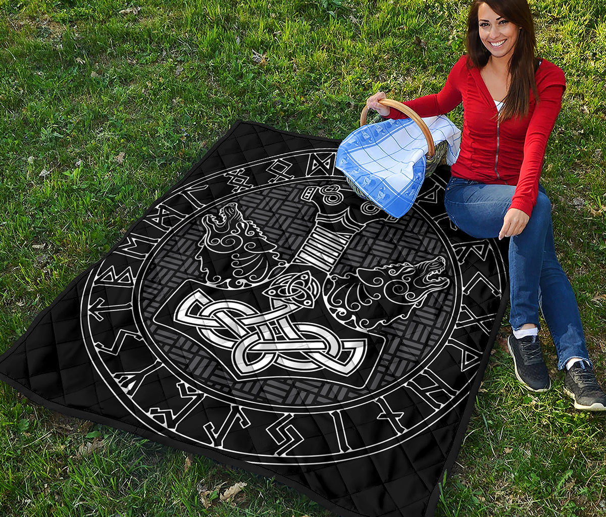 Mjolnir And Scandinavian Runes Print Quilt