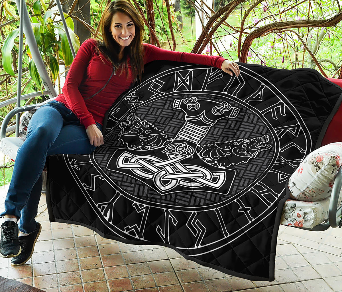 Mjolnir And Scandinavian Runes Print Quilt
