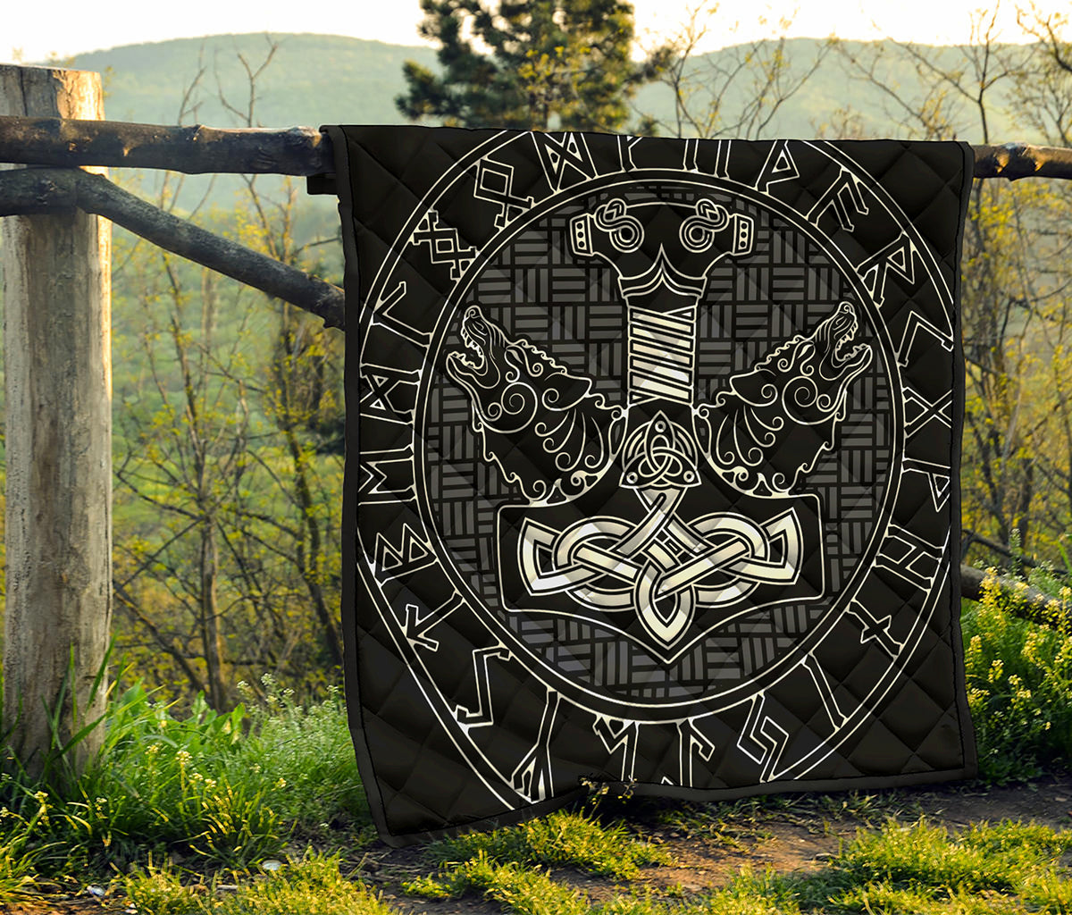 Mjolnir And Scandinavian Runes Print Quilt