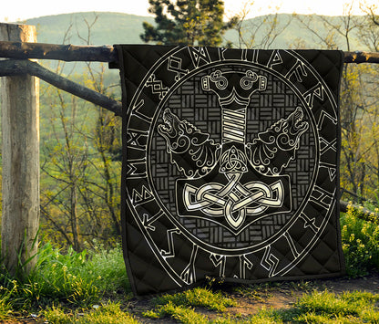 Mjolnir And Scandinavian Runes Print Quilt