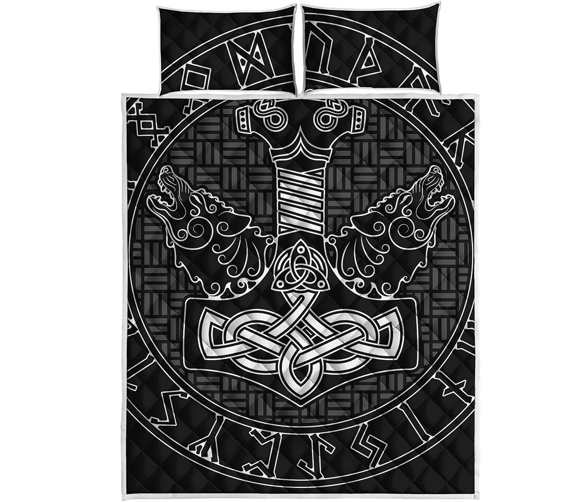 Mjolnir And Scandinavian Runes Print Quilt Bed Set