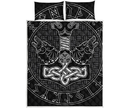Mjolnir And Scandinavian Runes Print Quilt Bed Set