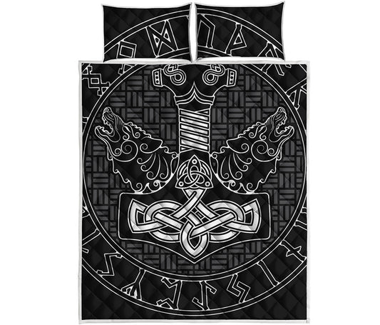 Mjolnir And Scandinavian Runes Print Quilt Bed Set