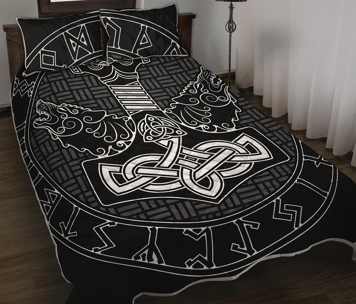 Mjolnir And Scandinavian Runes Print Quilt Bed Set