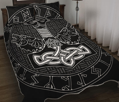 Mjolnir And Scandinavian Runes Print Quilt Bed Set