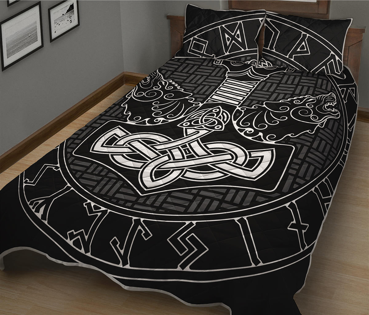 Mjolnir And Scandinavian Runes Print Quilt Bed Set