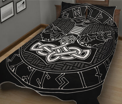 Mjolnir And Scandinavian Runes Print Quilt Bed Set