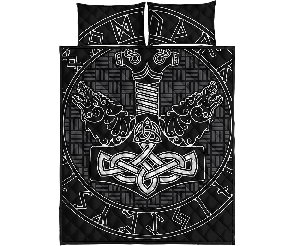 Mjolnir And Scandinavian Runes Print Quilt Bed Set