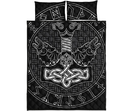 Mjolnir And Scandinavian Runes Print Quilt Bed Set