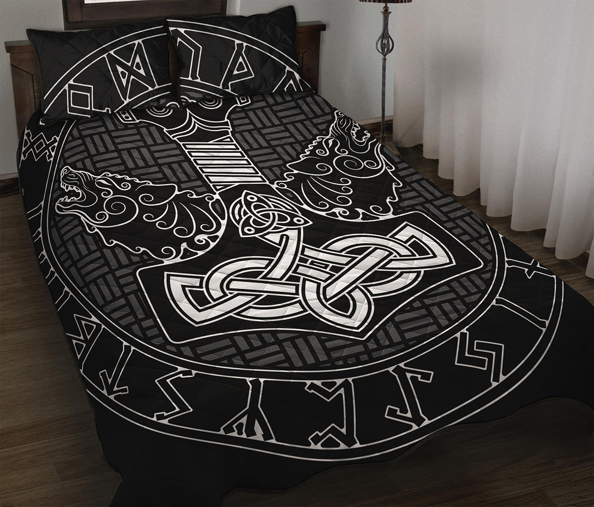 Mjolnir And Scandinavian Runes Print Quilt Bed Set