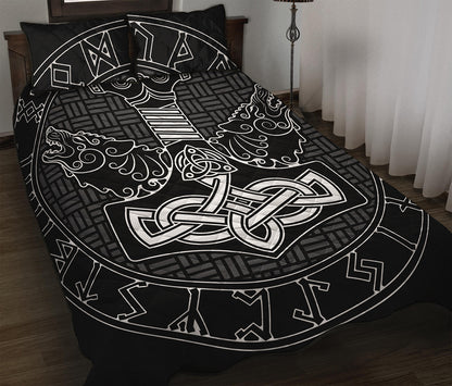 Mjolnir And Scandinavian Runes Print Quilt Bed Set