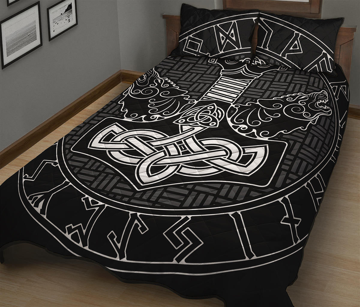 Mjolnir And Scandinavian Runes Print Quilt Bed Set
