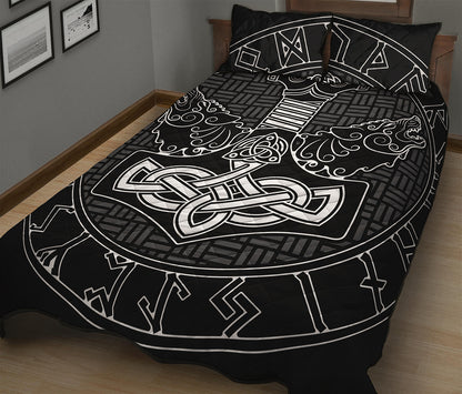 Mjolnir And Scandinavian Runes Print Quilt Bed Set