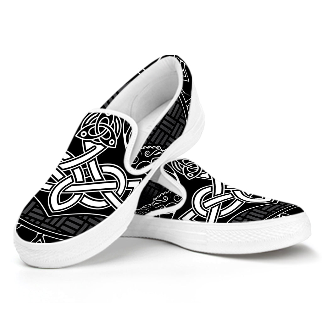 Mjolnir And Scandinavian Runes Print White Slip On Shoes