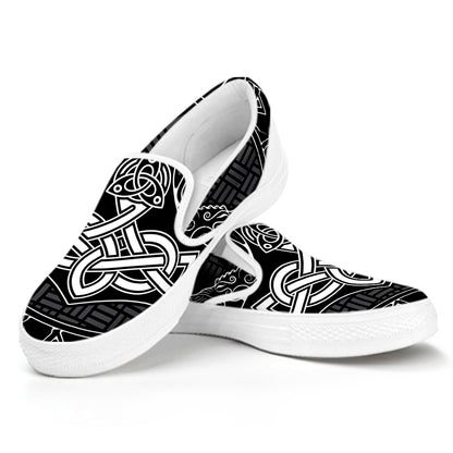 Mjolnir And Scandinavian Runes Print White Slip On Shoes