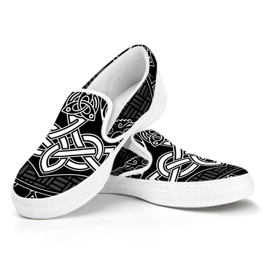 Mjolnir And Scandinavian Runes Print White Slip On Shoes