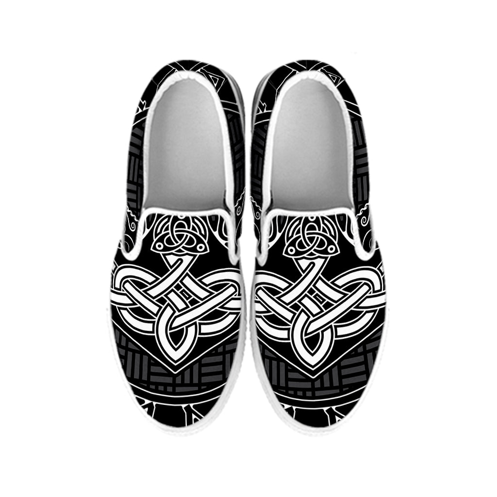 Mjolnir And Scandinavian Runes Print White Slip On Shoes