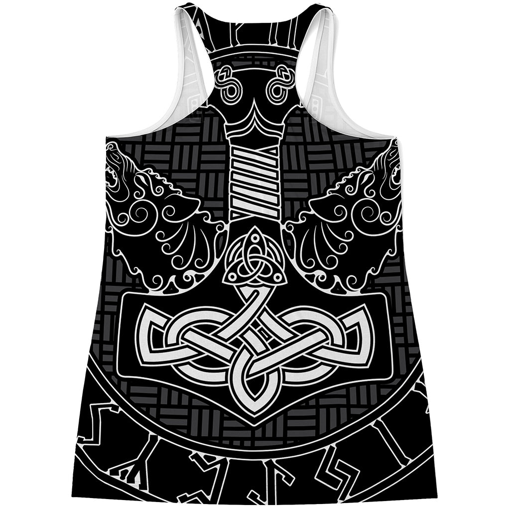 Mjolnir And Scandinavian Runes Print Women's Racerback Tank Top