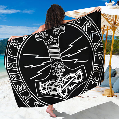 Mjolnir And Younger Futhark Print Beach Sarong Wrap