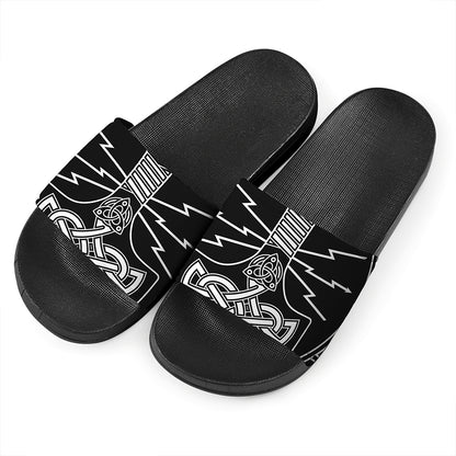 Mjolnir And Younger Futhark Print Black Slide Sandals